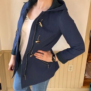 ANTHROPOLOGIE CARTONNIER Navy Blue Brown Toggle Hooded Cadet Coat Zip Jacket S